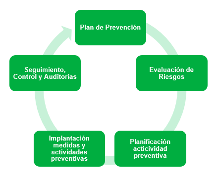 Plan de Prevención -> Evaluación de riesgos -> Planificación actividad preventiva -> Implantación medidas y actividades preventivas -> Seguimiento, Control y Auditorías